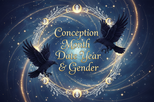 a logo with the letters/words "Conception Month Date Year & Gender" with ravens flying around in the background. with magical spirals and stars lighting up the sky