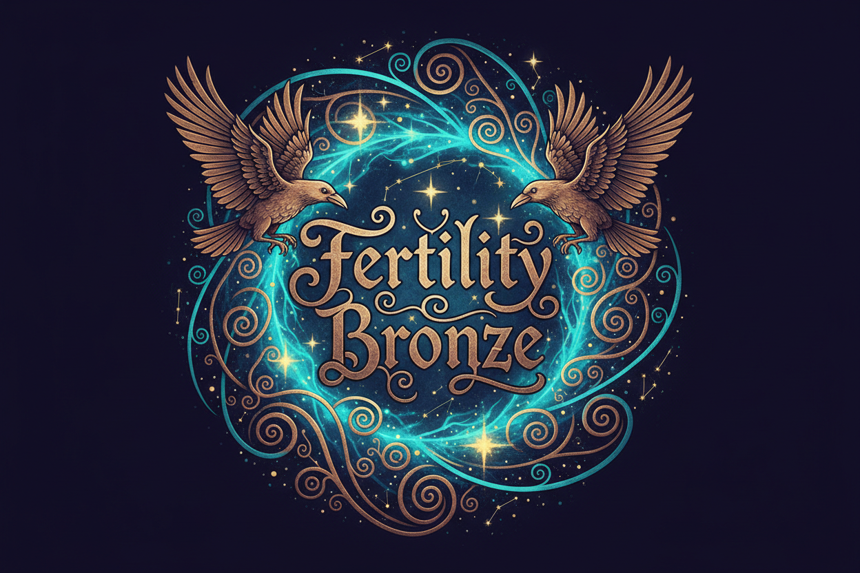 a logo with the letters/words "Fertility Bronze" with ravens flying around in the background. with magical spirals and stars lighting up the sky