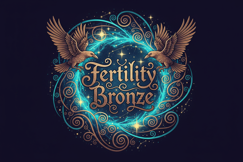 a logo with the letters/words "Fertility Bronze" with ravens flying around in the background. with magical spirals and stars lighting up the sky