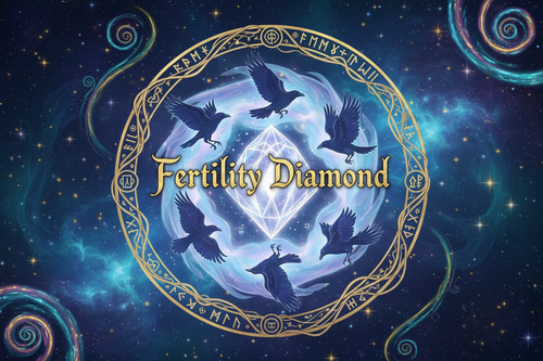 a logo with the letters/words "Fertility Diamond" with ravens flying around in the background. with magical spirals and stars lighting up the sky