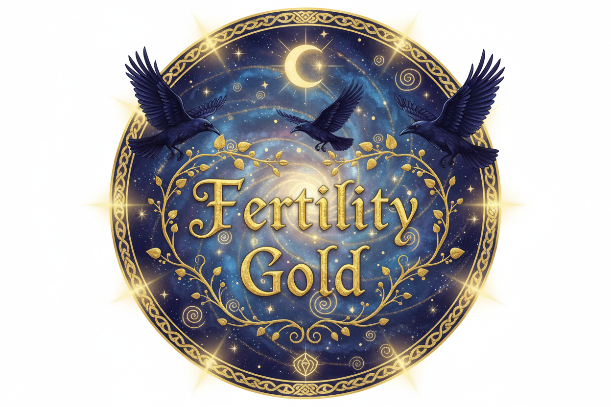 a logo with the letters/words "Fertility Gold" with ravens flying around in the background. with magical spirals and stars lighting up the sky