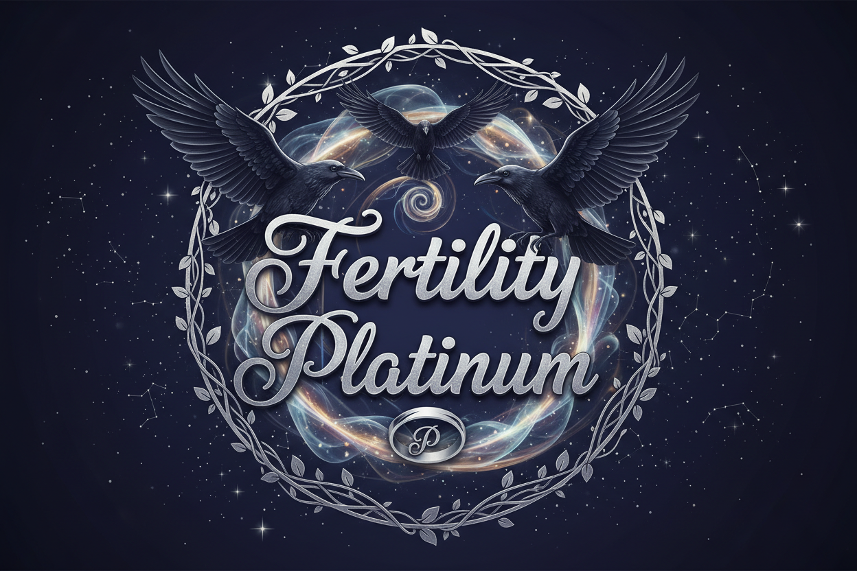 a logo with the letters/words "Fertility Platinum" with ravens flying around in the background. with magical spirals and stars lighting up the sky