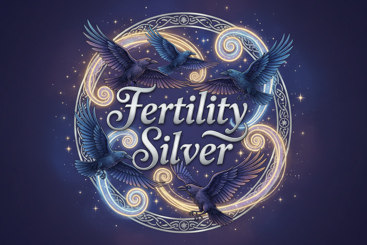 a logo with the letters/words "Fertility Silver" with ravens flying around in the background. with magical spirals and stars lighting up the sky