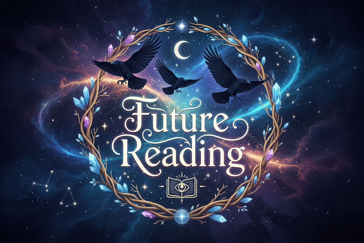 a logo with the letters/words "Future Reading" with ravens flying around in the background. with magical spirals and stars lighting up the sky