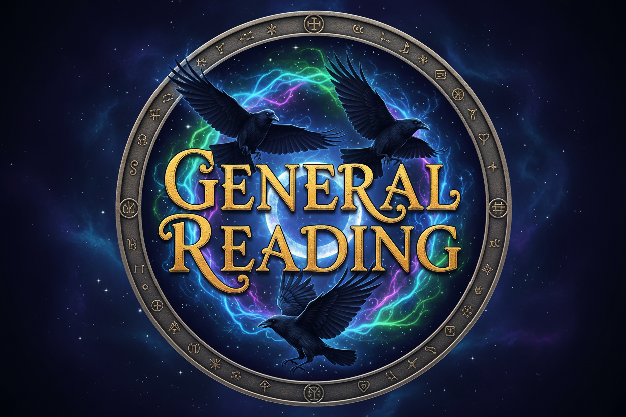 a logo with the letters/words "General Reading" with ravens flying around in the background. with magical spirals and stars lighting up the sky