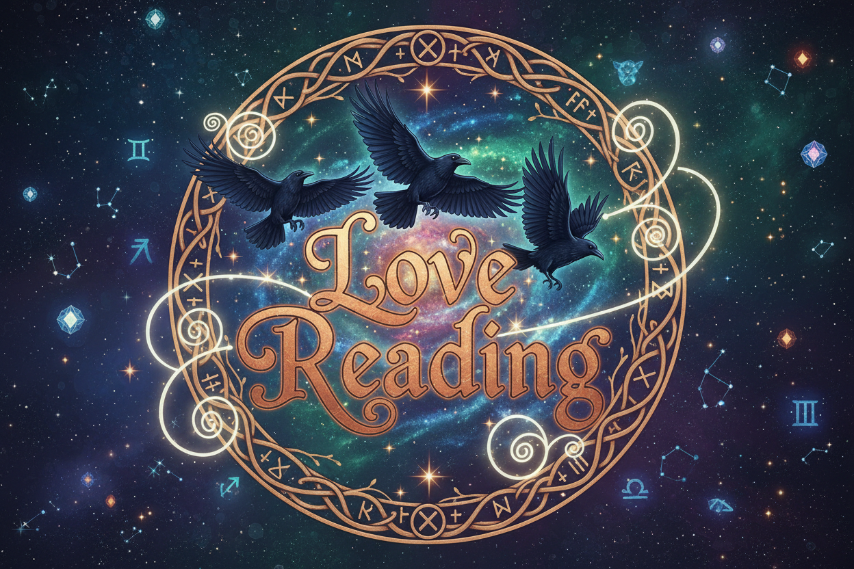 a logo with the letters/words "Love Reading" with ravens flying around in the background. with magical spirals and stars lighting up the sky
