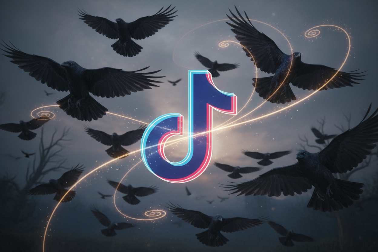 tiktok logo with raven birds in the background and subtle magical spirals