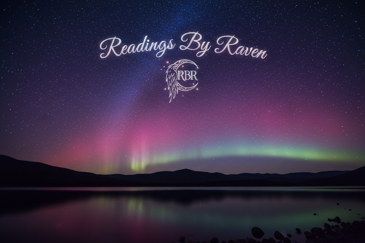 Welcoming vibrant night sky with stars. small logo at the top with the words "Readings By Raven" within the logo i would like to include a subtle Brand with the letters "RBR"